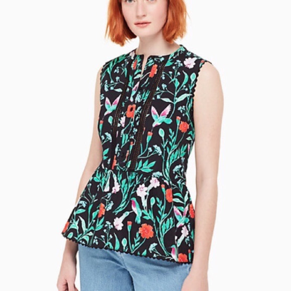 Kate Spade New York Womens Peplum Top Multicolor Floral Sleeveless Notch Neck M